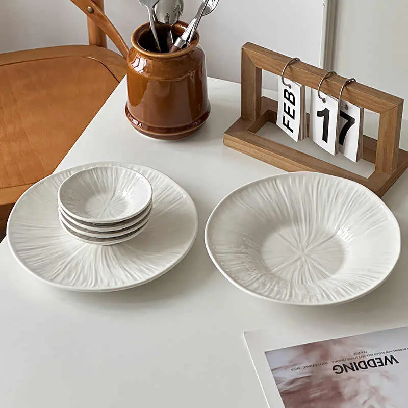 Lotus Grain Flat Plate White Western Steak Dish Household Ceramic Pasta Tray Dipping Saucer Kitchen Tableware