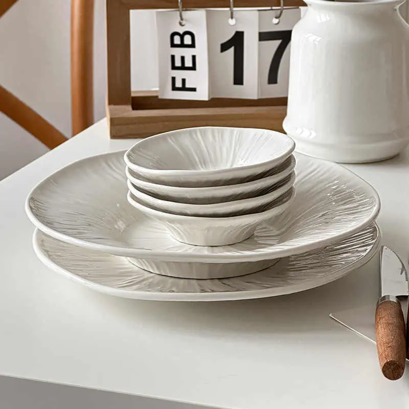 Lotus Grain Flat Plate White Western Steak Dish Household Ceramic Pasta Tray Dipping Saucer Kitchen Tableware