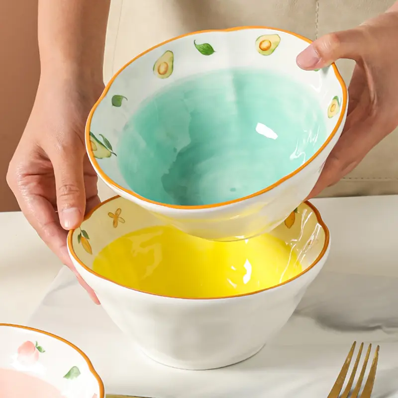 Underglaze Ramen Bowl Fruit Print Ceramic Noodle Bowl Soup Bowl Household Delicate Yoghurt Oatmeal Bowl