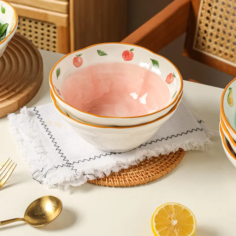Underglaze Ramen Bowl Fruit Print Ceramic Noodle Bowl Soup Bowl Household Delicate Yoghurt Oatmeal Bowl