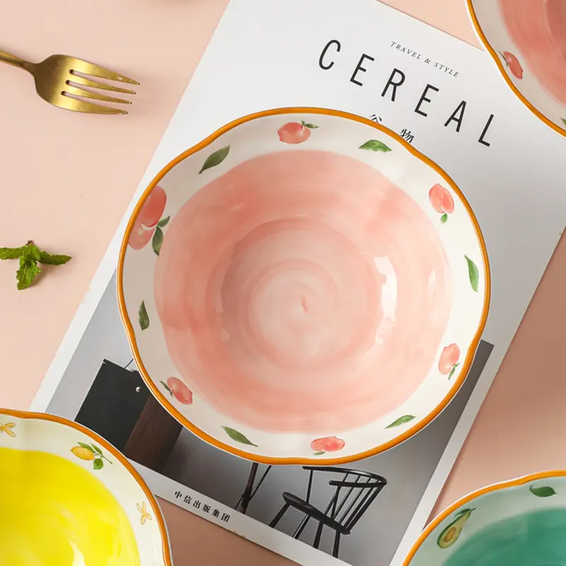 Underglaze Ramen Bowl Fruit Print Ceramic Noodle Bowl Soup Bowl Household Delicate Yoghurt Oatmeal Bowl