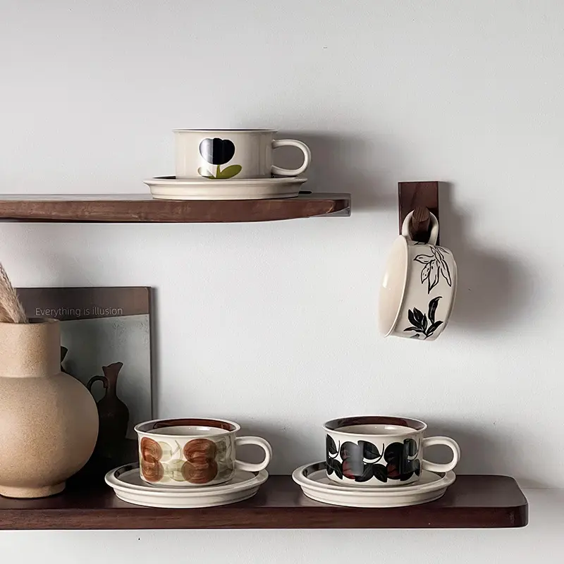 Vintage Ceramic Coffee Cups And Saucers Delicate Printing Afternoon Tea Drinkware Breakfast Cup Pastry Plate Gift