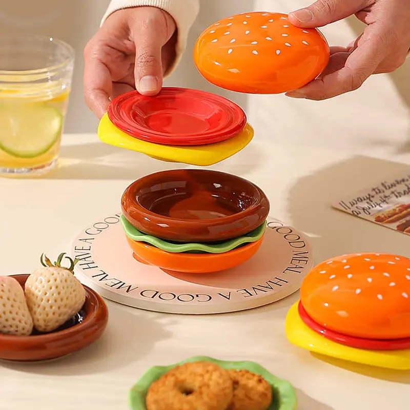 Ceramic Hamburger Shape Plate Exquisite Snack Dish Pastry Dessert Disc Creative Fruit Cake Plates Tableware Gift