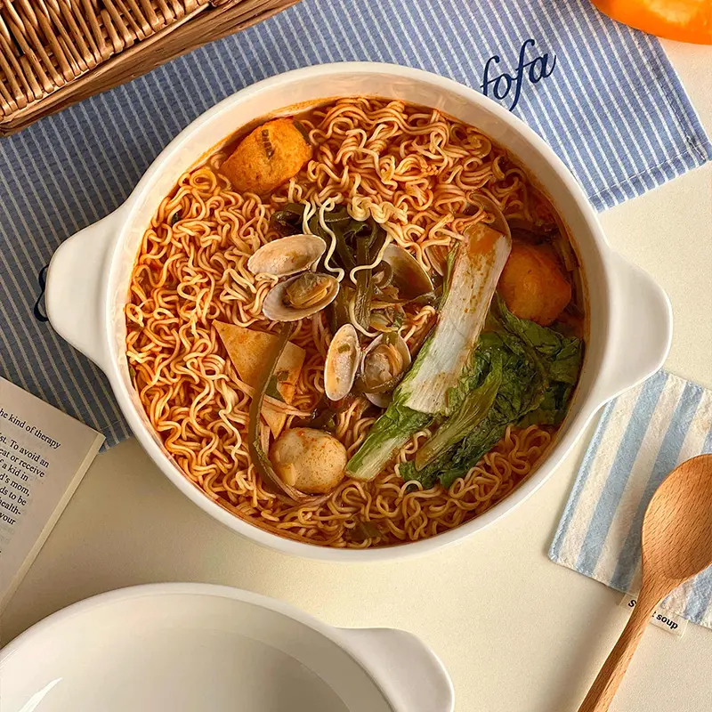 Household Ceramic Soup Bowl Binaural Solid Colour Large Capacity Soup Ramen Deep Plate Simple Tableware