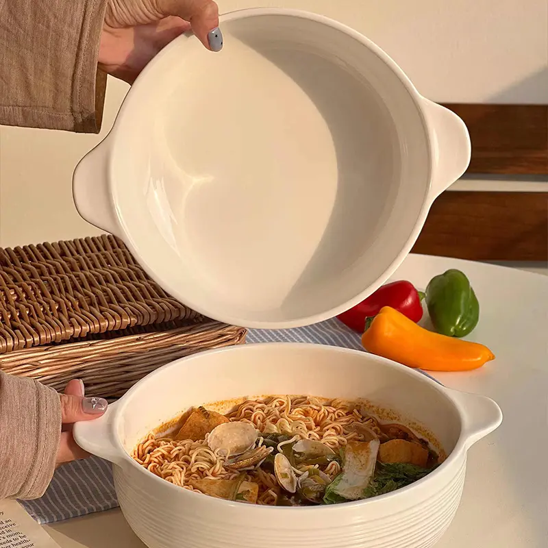 Household Ceramic Soup Bowl Binaural Solid Colour Large Capacity Soup Ramen Deep Plate Simple Tableware