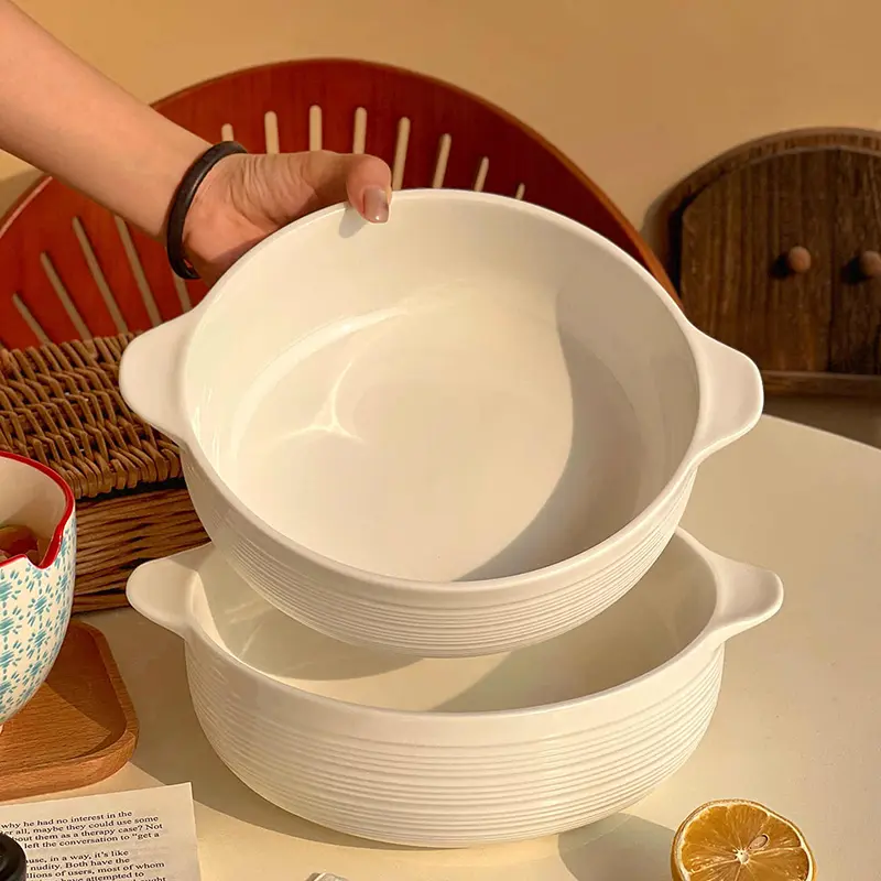 Household Ceramic Soup Bowl Binaural Solid Colour Large Capacity Soup Ramen Deep Plate Simple Tableware