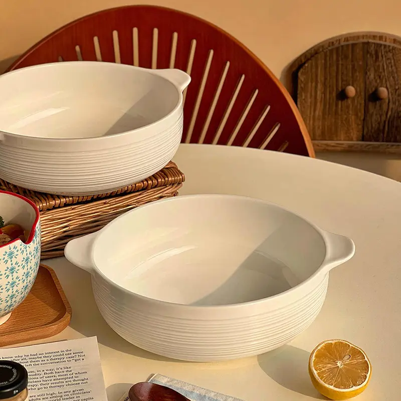 Household Ceramic Soup Bowl Binaural Solid Colour Large Capacity Soup Ramen Deep Plate Simple Tableware