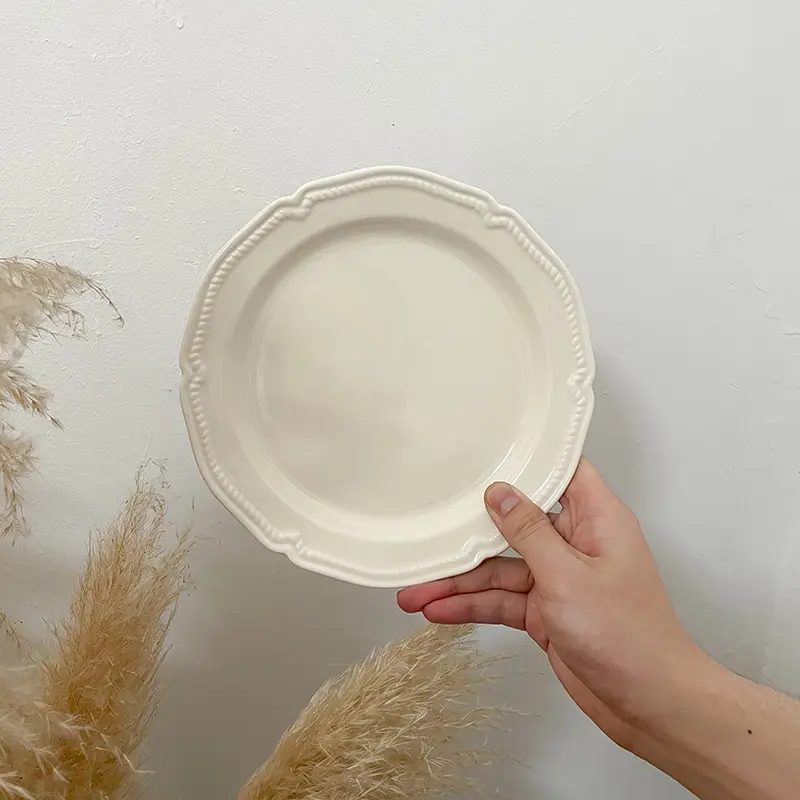 French Retro Relief Ceramic Dessert Plate Solid Colour Simple Breakfast Plate Fruit Snack Plate Household Tableware Ornaments