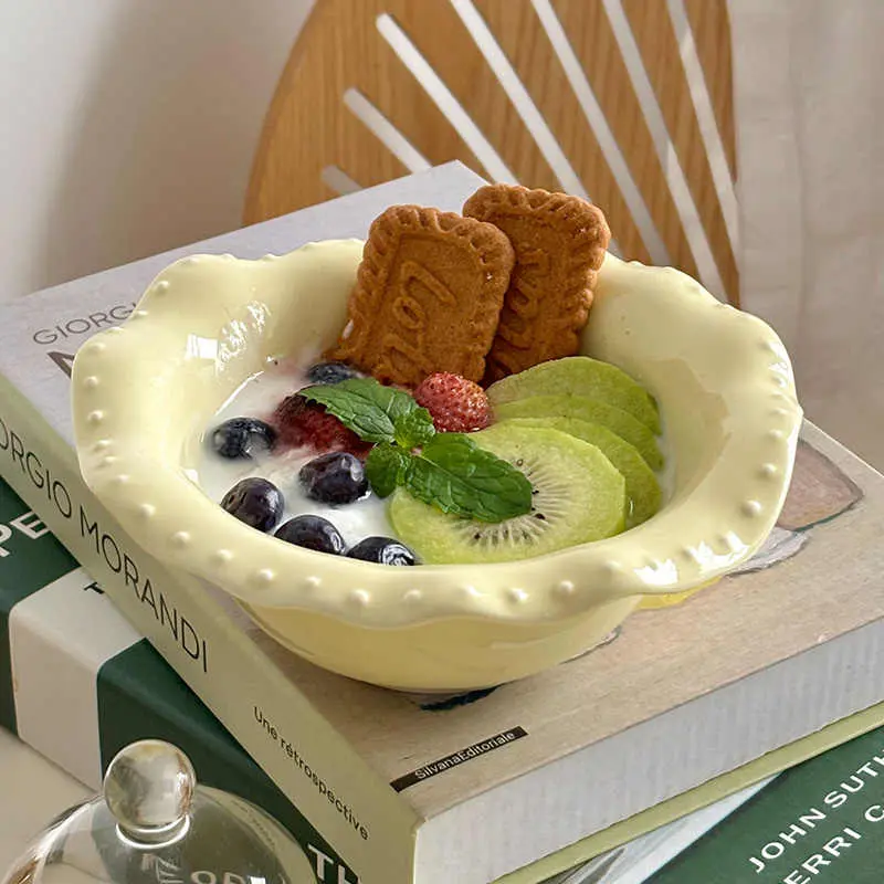 Bead Dot Embossed Ceramic Tableware Cute Salad Plate Breakfast Dessert Bowl Solid Colour Delicate Pasta Bowls