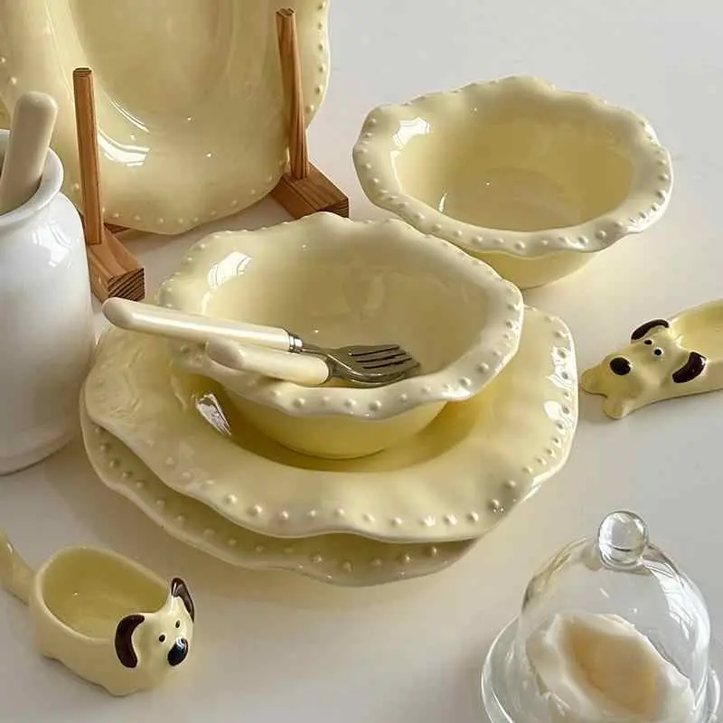 Bead Dot Embossed Ceramic Tableware Cute Salad Plate Breakfast Dessert Bowl Solid Colour Delicate Pasta Bowls