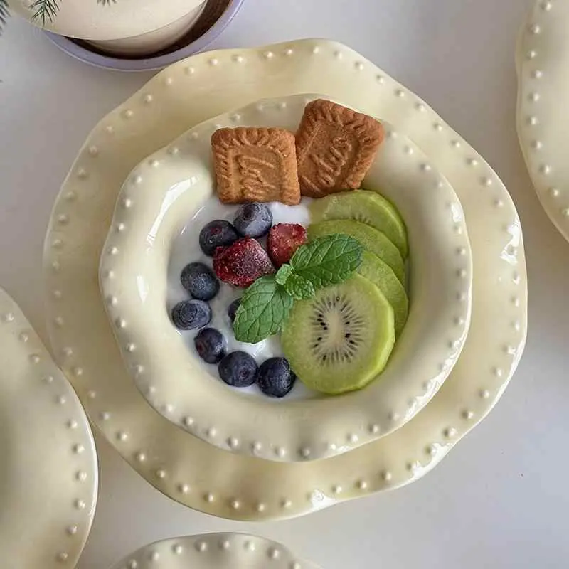 Bead Dot Embossed Ceramic Tableware Cute Salad Plate Breakfast Dessert Bowl Solid Colour Delicate Pasta Bowls