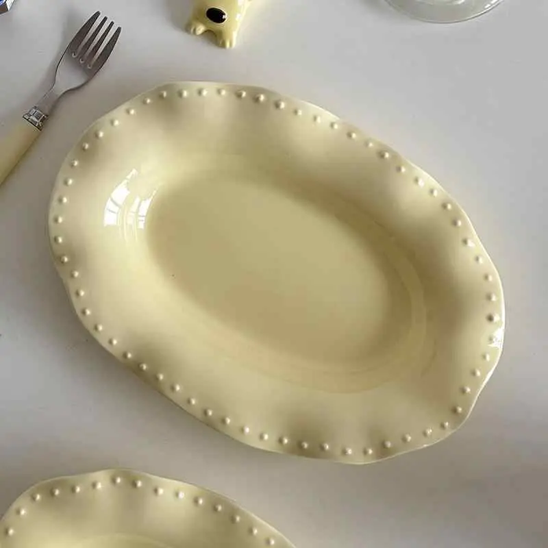 Bead Dot Embossed Ceramic Tableware Cute Salad Plate Breakfast Dessert Bowl Solid Colour Delicate Pasta Bowls