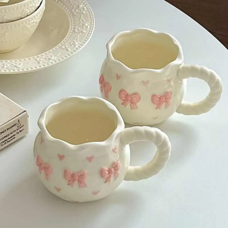 Hand-painted Bow Ceramic Cup 340ml Exquisite Girls Office Coffee Cups Breakfast Milk Mug Drinkware Gift