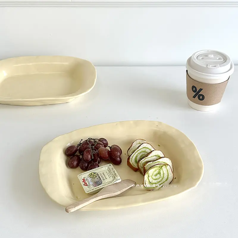 Yellow Irregular Rectangular Dessert Plate Ceramic Fruit Salad Plate Household Solid Colour Breakfast Plate Simple Tableware