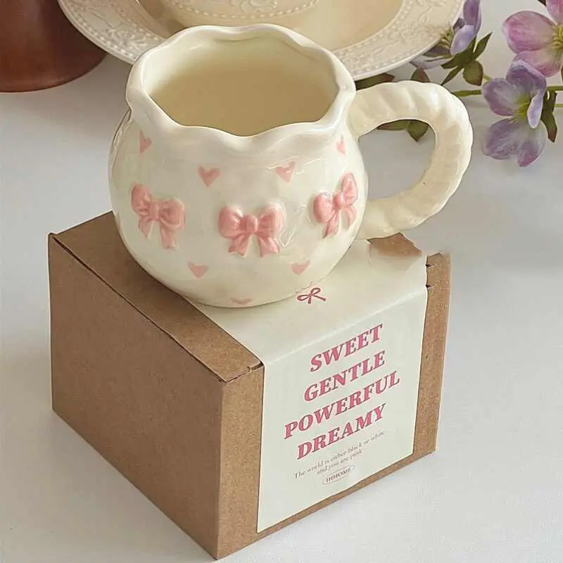 Hand-painted Bow Ceramic Cup 340ml Exquisite Girls Office Coffee Cups Breakfast Milk Mug Drinkware Gift