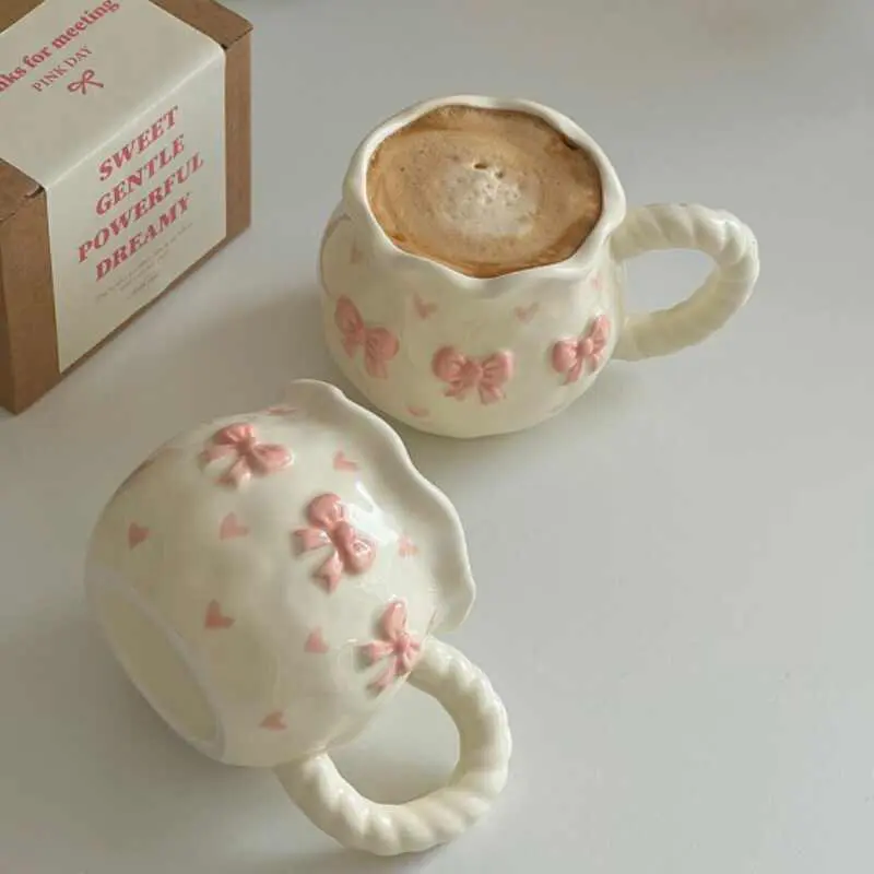 Hand-painted Bow Ceramic Cup 340ml Exquisite Girls Office Coffee Cups Breakfast Milk Mug Drinkware Gift
