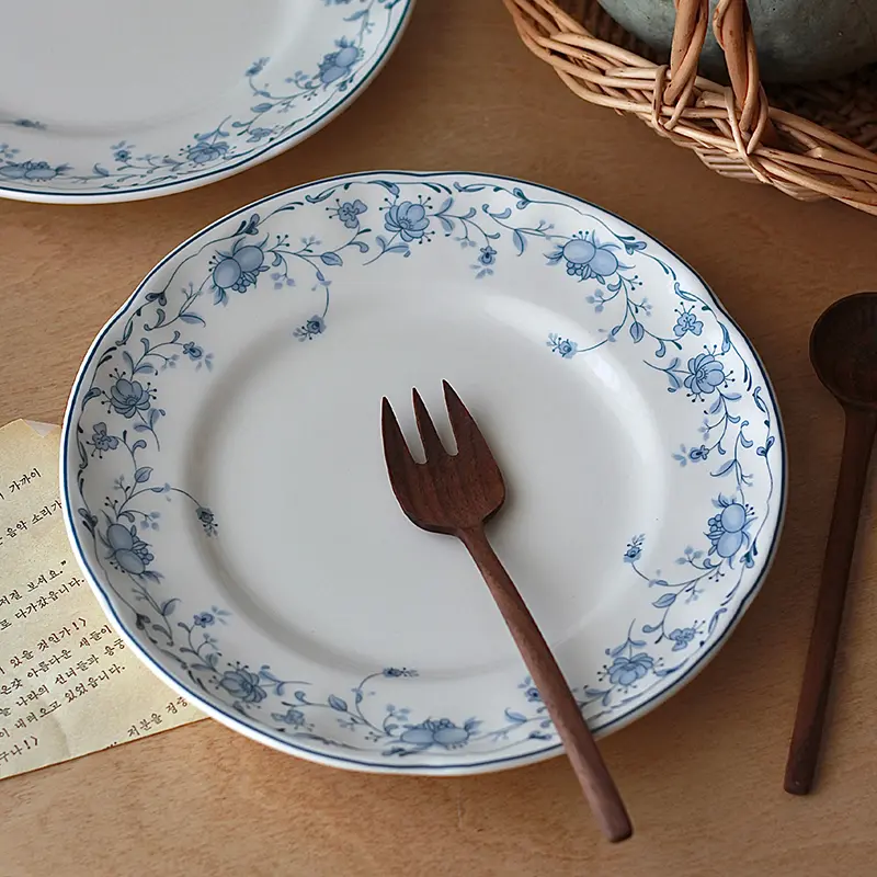 Vintage Blue Printed Breakfast Plate Ceramic Dessert Fruit Salad Dish Exquisite Western Pasta Steak Flat Disc Kitchen Tableware