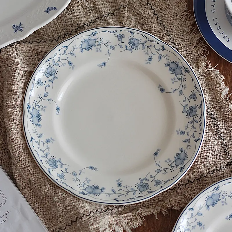 Vintage Blue Printed Breakfast Plate Ceramic Dessert Fruit Salad Dish Exquisite Western Pasta Steak Flat Disc Kitchen Tableware