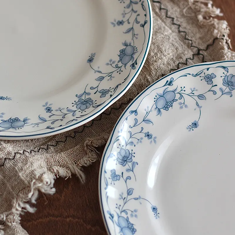 Vintage Blue Printed Breakfast Plate Ceramic Dessert Fruit Salad Dish Exquisite Western Pasta Steak Flat Disc Kitchen Tableware