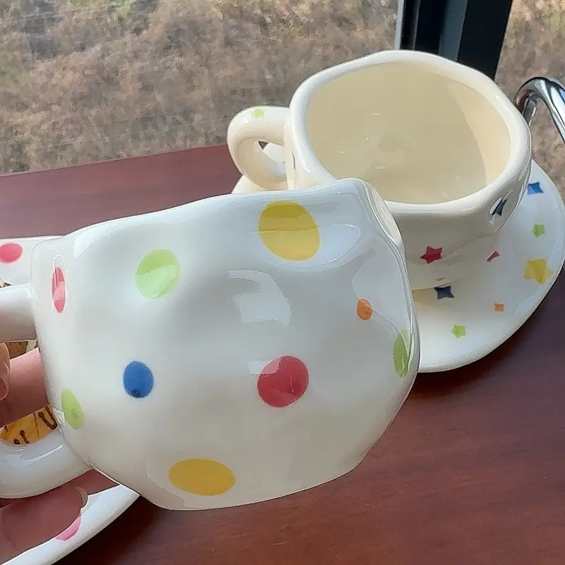 Polka Dot Coffee Cup Saucer Girls Gift Afternoon Tea Drinkware Cute Ceramic 250ml Breakfast Cup Snack Saucer