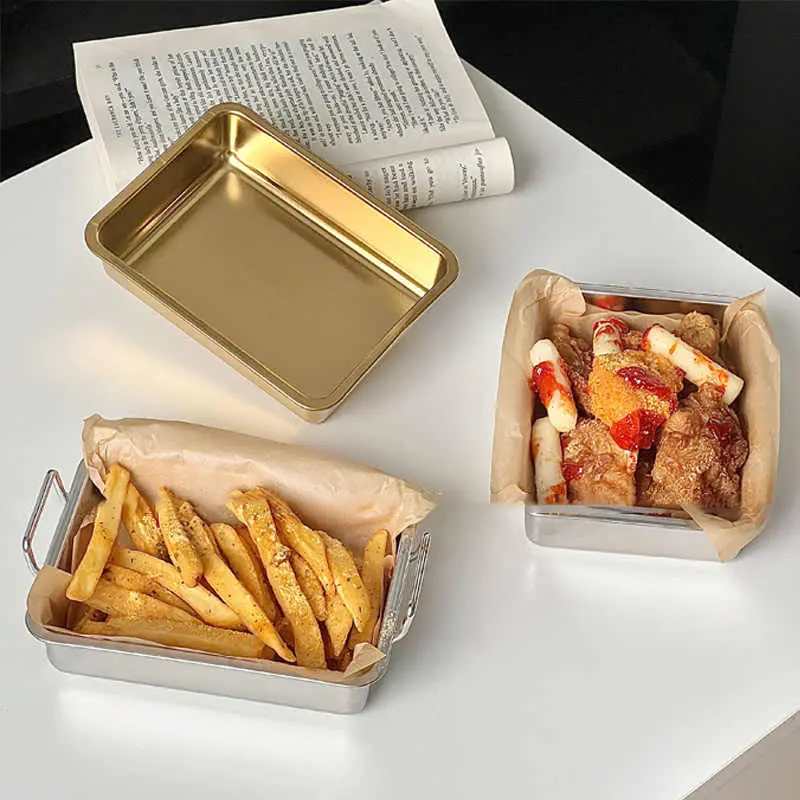 Stainless Steel Square Fried Chicken Tray Simple French Fries Snack Plate Household Candy Dessert Disc Kitchen Tableware