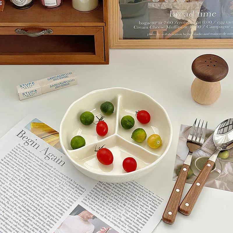Ceramic Divided Plate Solid Color Fruit Vegetable Portion Plates Household Deep Dish Simple Breakfast Tray Tableware 19cm