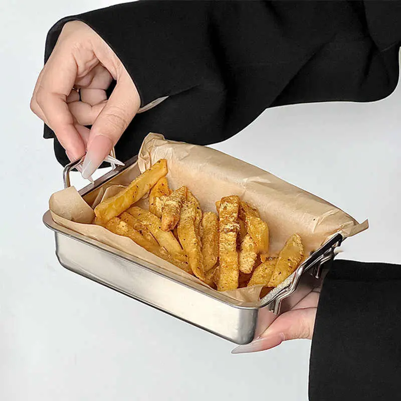Stainless Steel Square Fried Chicken Tray Simple French Fries Snack Plate Household Candy Dessert Disc Kitchen Tableware