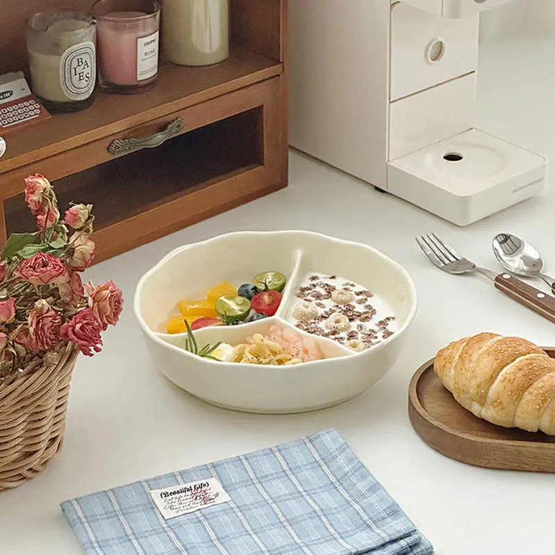Ceramic Divided Plate Solid Color Fruit Vegetable Portion Plates Household Deep Dish Simple Breakfast Tray Tableware 19cm
