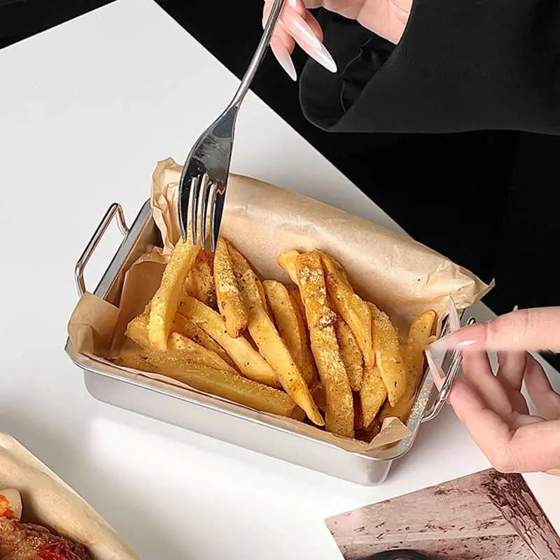 Stainless Steel Square Fried Chicken Tray Simple French Fries Snack Plate Household Candy Dessert Disc Kitchen Tableware