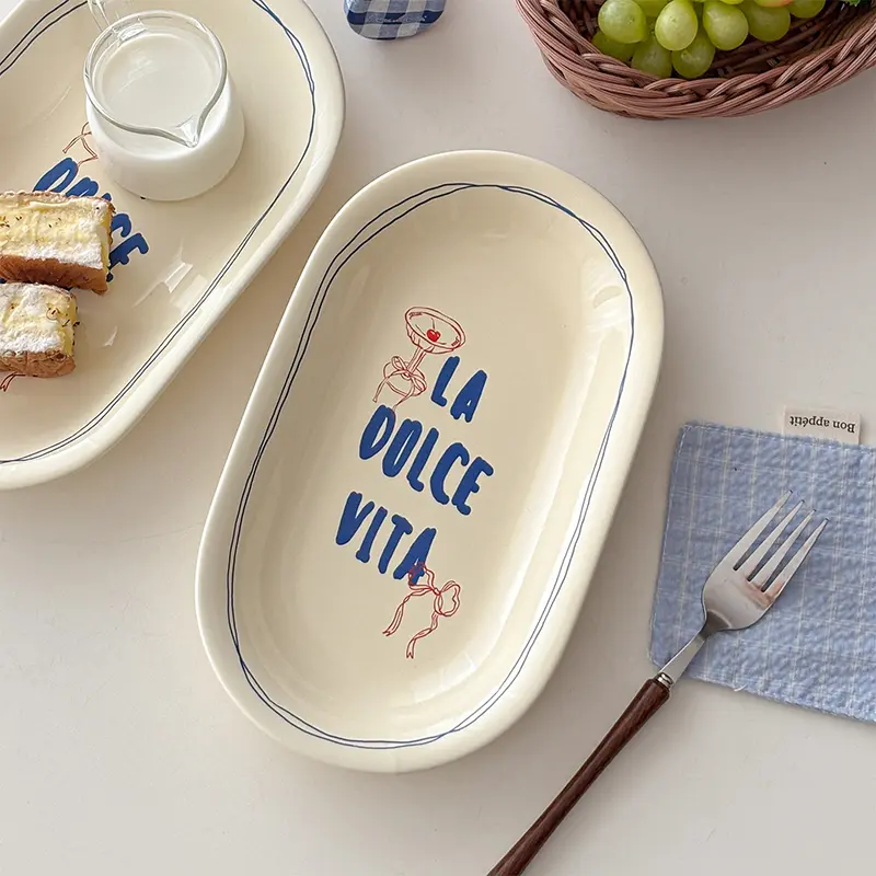 Korean-style Letters Printed Dish Hand-painted Pattern Ceramic Plates Western Food Spaghetti Steak Oval Plate Kitchen Tableware