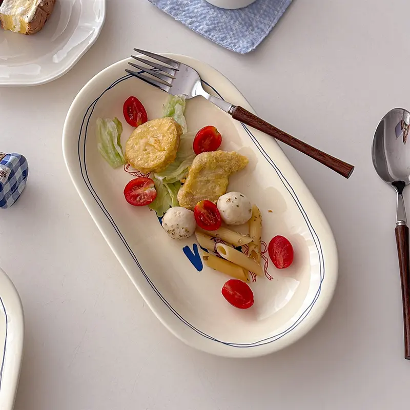 Korean-style Letters Printed Dish Hand-painted Pattern Ceramic Plates Western Food Spaghetti Steak Oval Plate Kitchen Tableware