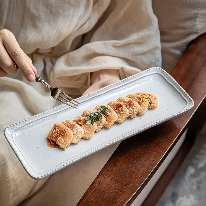 Rectangular Sushi Plate Creative Ceramic Snack Plate Hot Pot Barbecue Tray Irregular Simple Household Pastry Plate