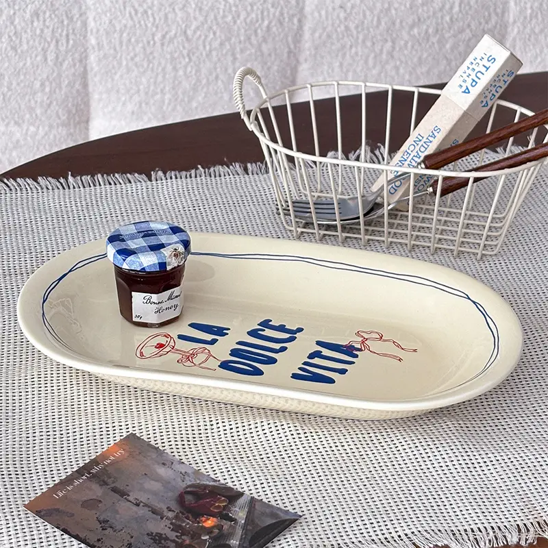 Korean-style Letters Printed Dish Hand-painted Pattern Ceramic Plates Western Food Spaghetti Steak Oval Plate Kitchen Tableware