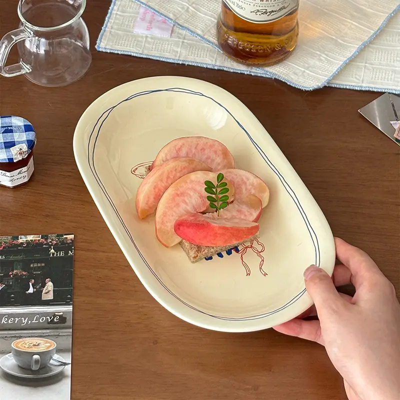 Korean-style Letters Printed Dish Hand-painted Pattern Ceramic Plates Western Food Spaghetti Steak Oval Plate Kitchen Tableware