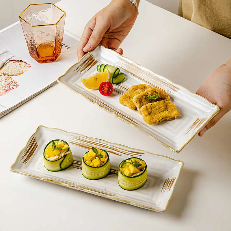Japanese Hand-painted Ceramic Sushi Plate Household Fish Plates Rectangular Snack Pastry Dish Tableware 25.5cm