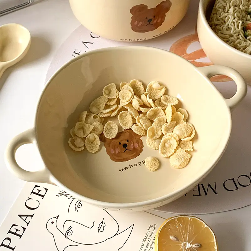 Bear pattern Bowl Korean Cartoon Ceramic Yogurt Oatmeal Bowls Fruit Vegetable Salad Deep Plate Dessert Snack Dish