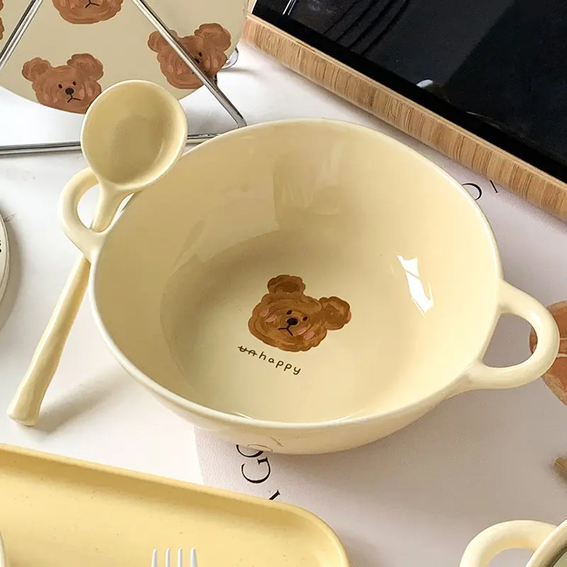 Bear pattern Bowl Korean Cartoon Ceramic Yogurt Oatmeal Bowls Fruit Vegetable Salad Deep Plate Dessert Snack Dish