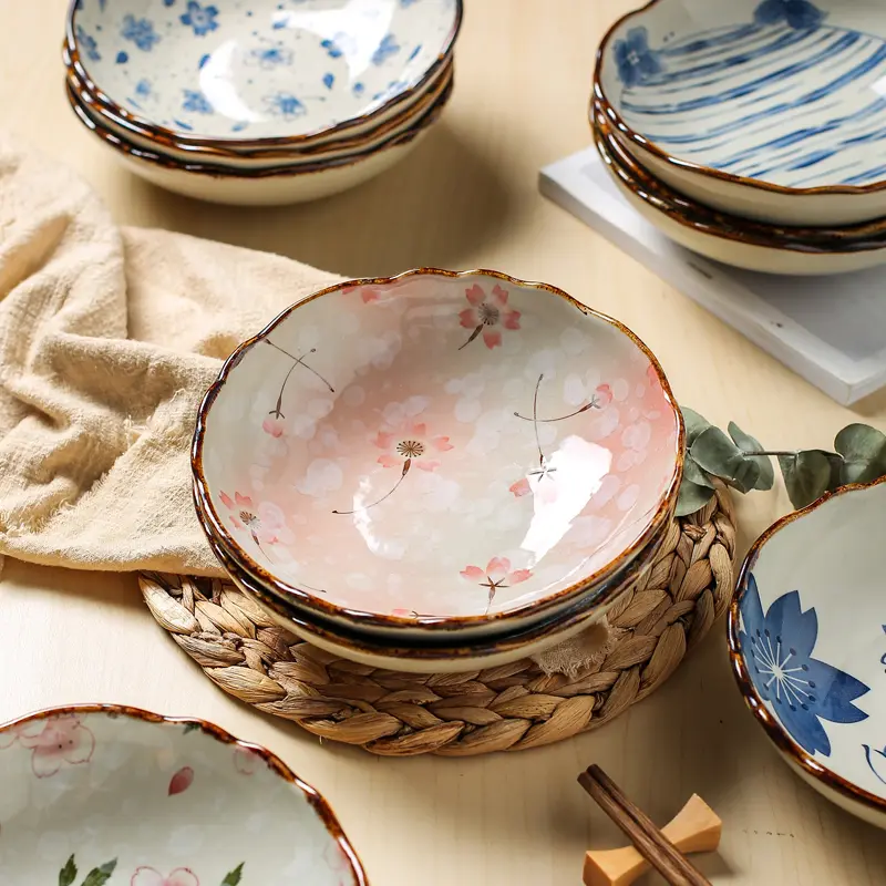 Rustic Style Ceramic Dinner Plate Creative Floral Pattern Restaurant Round Plates Under-glaze Colour Household Vegetable Dish