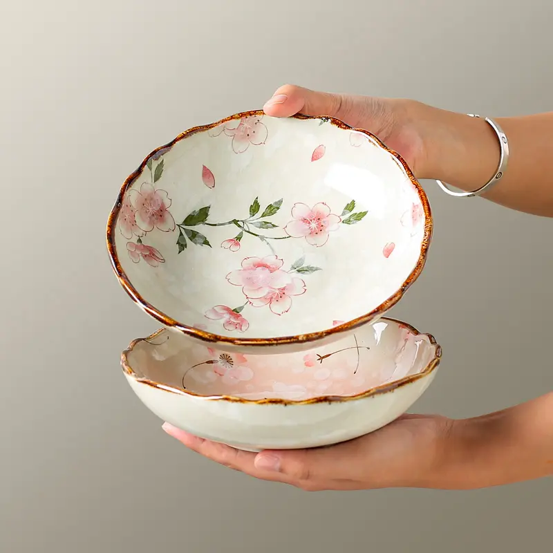 Rustic Style Ceramic Dinner Plate Creative Floral Pattern Restaurant Round Plates Under-glaze Colour Household Vegetable Dish