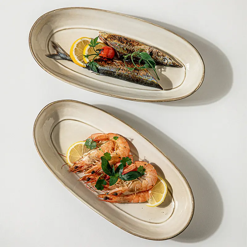 Oval Ceramic Deep Plate Japanese Retro Restaurant Fish Plate Salad Plate Household Snack Pastry Plate Simple Tableware 27.5cm