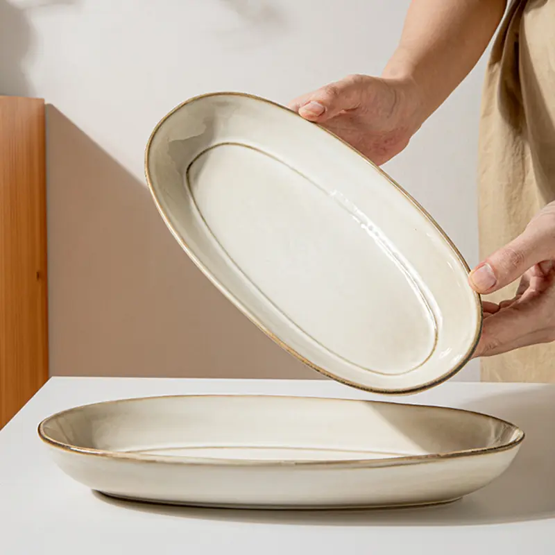 Oval Ceramic Deep Plate Japanese Retro Restaurant Fish Plate Salad Plate Household Snack Pastry Plate Simple Tableware 27.5cm