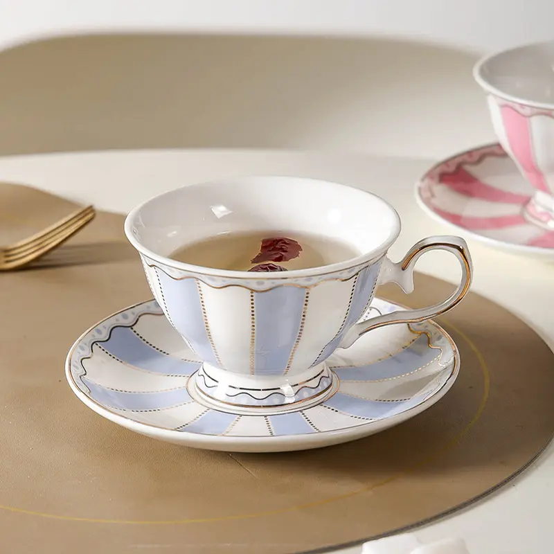 180ml Coffee Cup And Saucer Delicate European Style Gold Edge Striped Ceramic Afternoon Tea Drinkware Girls Gift