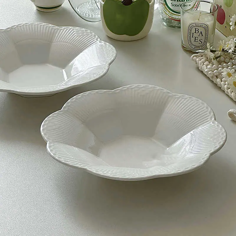 French Relief Ceramic Spaghetti Plate White Exquisite Restaurant Dessert Plates Household Solid Colour Lunch Dish Tableware