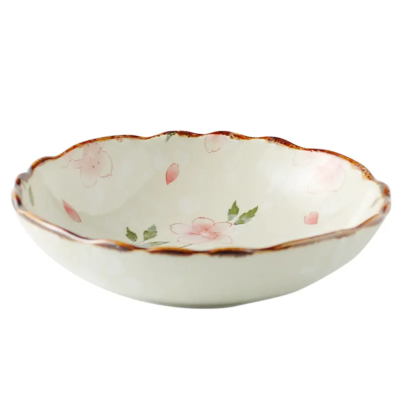 Rustic Style Ceramic Dinner Plate Creative Floral Pattern Restaurant Round Plates Under-glaze Colour Household Vegetable Dish