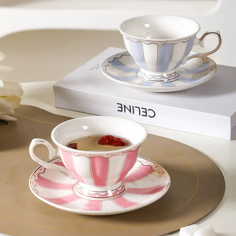 180ml Coffee Cup And Saucer Delicate European Style Gold Edge Striped Ceramic Afternoon Tea Drinkware Girls Gift