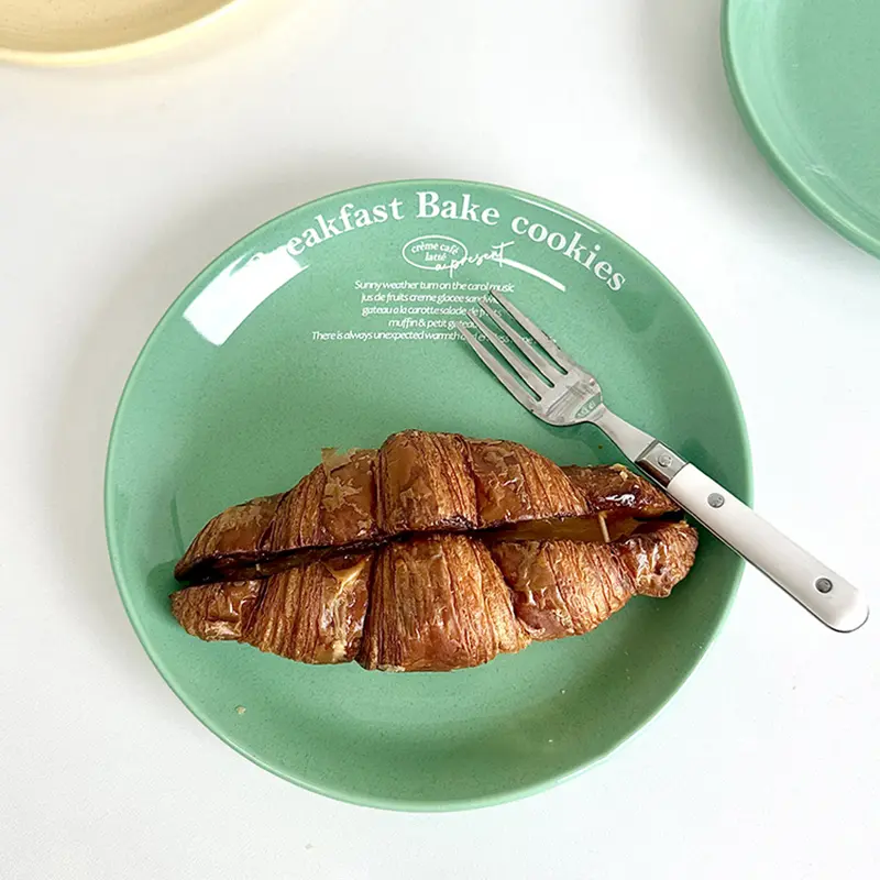 Ceramic Letter Printed Round Plate Household Dessert Pastry Plate Korean Style Vegetable Plate Kitchen Breakfast Plate 20.5cm