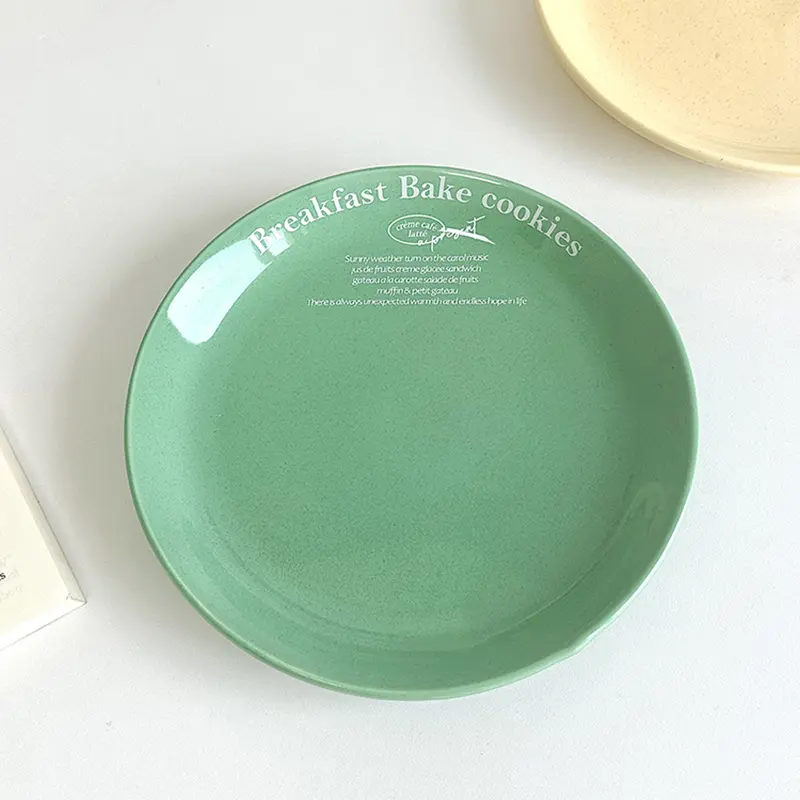 Ceramic Letter Printed Round Plate Household Dessert Pastry Plate Korean Style Vegetable Plate Kitchen Breakfast Plate 20.5cm
