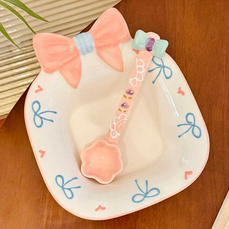 Underglaze Lovely Bow Ceramic Bowls Household Tableware Delicate Soup Bowl Dessert Salad Bowl Spoon