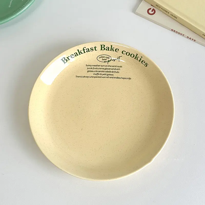 Ceramic Letter Printed Round Plate Household Dessert Pastry Plate Korean Style Vegetable Plate Kitchen Breakfast Plate 20.5cm
