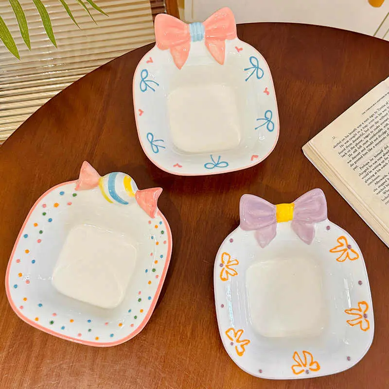 Underglaze Lovely Bow Ceramic Bowls Household Tableware Delicate Soup Bowl Dessert Salad Bowl Spoon
